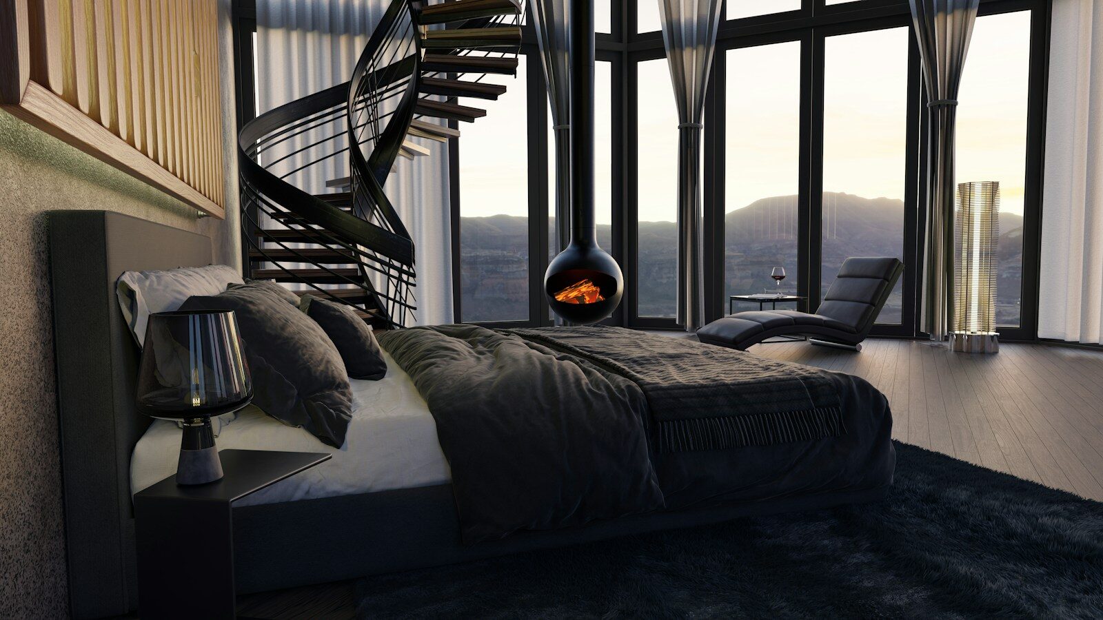 a bedroom with a spiral staircase in the corner